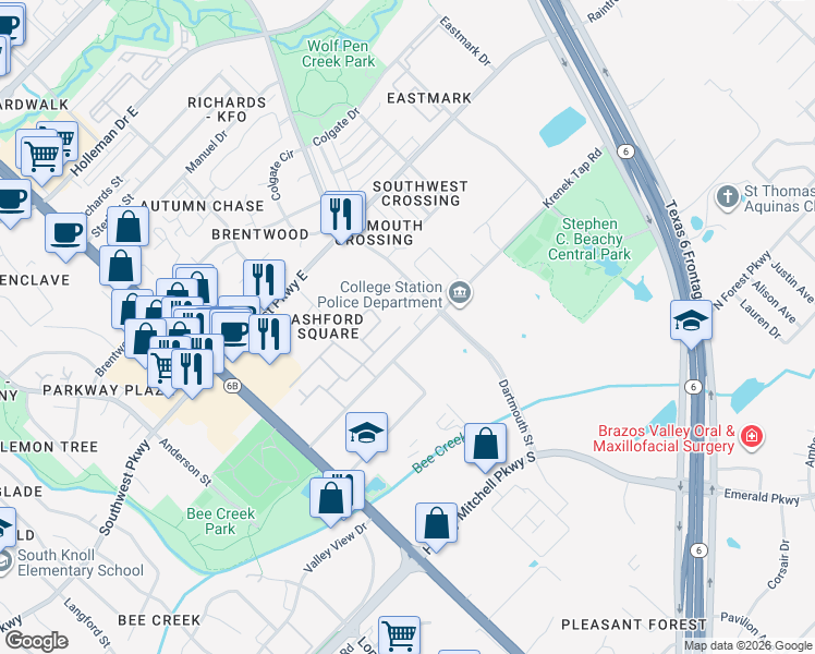 map of restaurants, bars, coffee shops, grocery stores, and more near 509 Camp Court in College Station