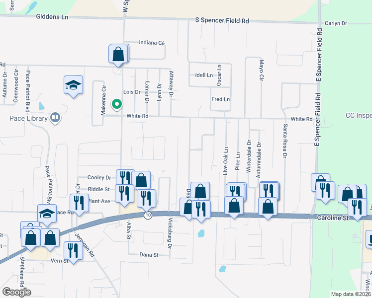 map of restaurants, bars, coffee shops, grocery stores, and more near 4724 Dean Drive in Pace