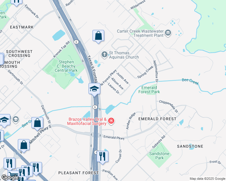 map of restaurants, bars, coffee shops, grocery stores, and more near 8410 Lauren Drive in College Station