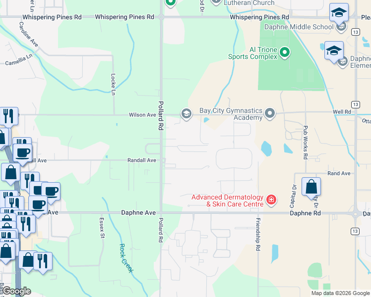 map of restaurants, bars, coffee shops, grocery stores, and more near 8153 Pecan Court in Daphne
