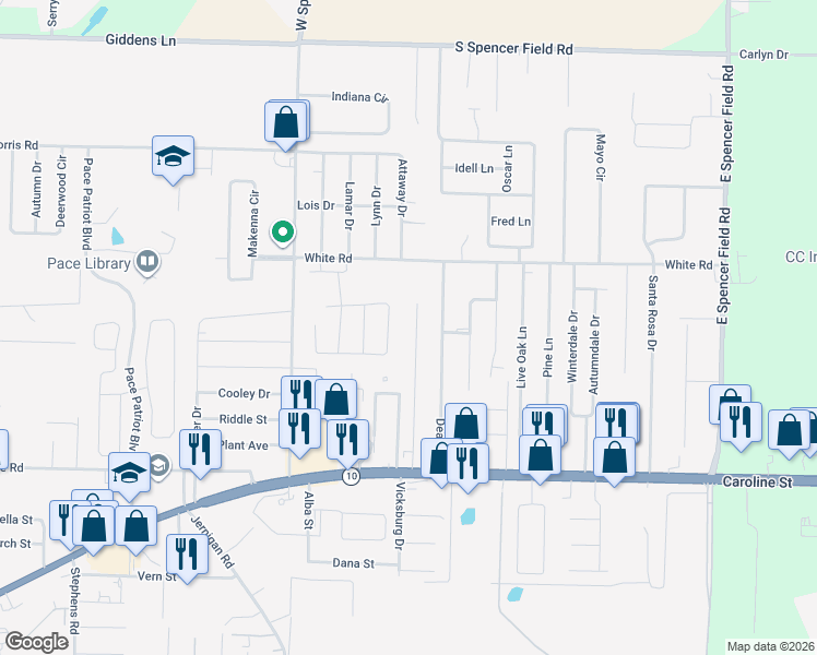 map of restaurants, bars, coffee shops, grocery stores, and more near 4723 Ridge Pointe Drive in Pace