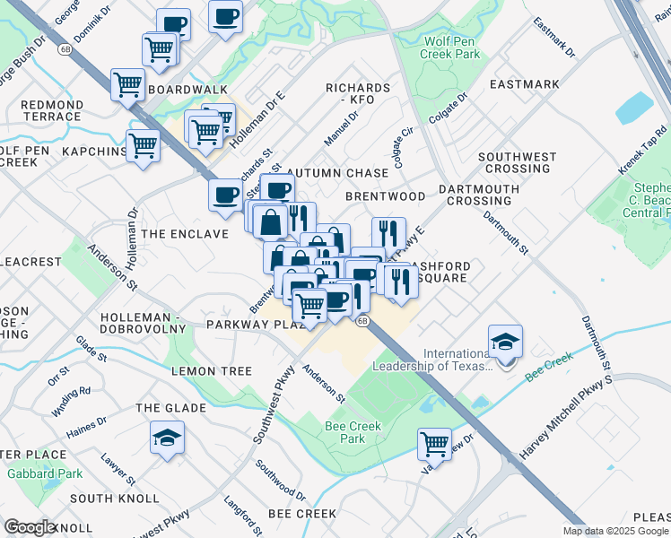 map of restaurants, bars, coffee shops, grocery stores, and more near 201 Southwest Parkway East in College Station