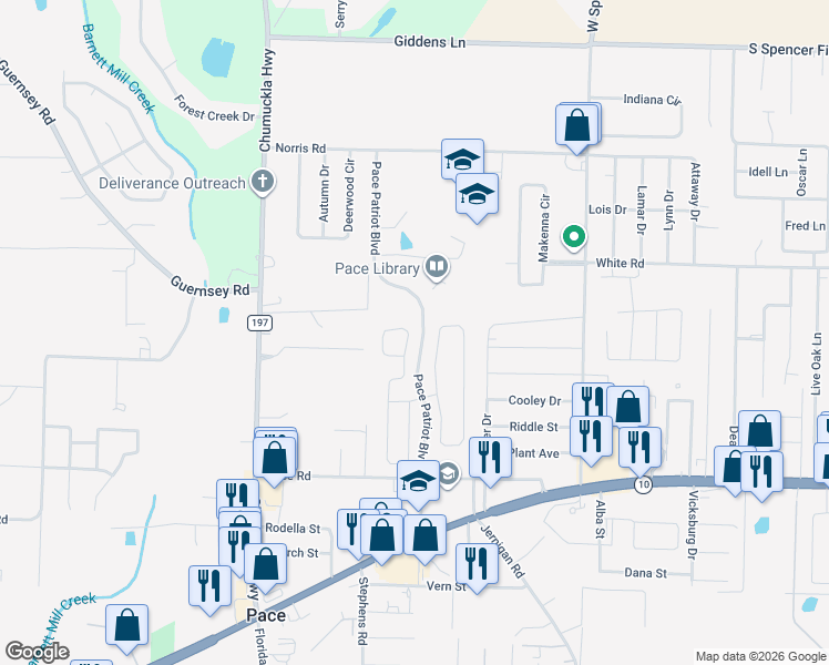 map of restaurants, bars, coffee shops, grocery stores, and more near 4800 Hilarita Circle in Pace