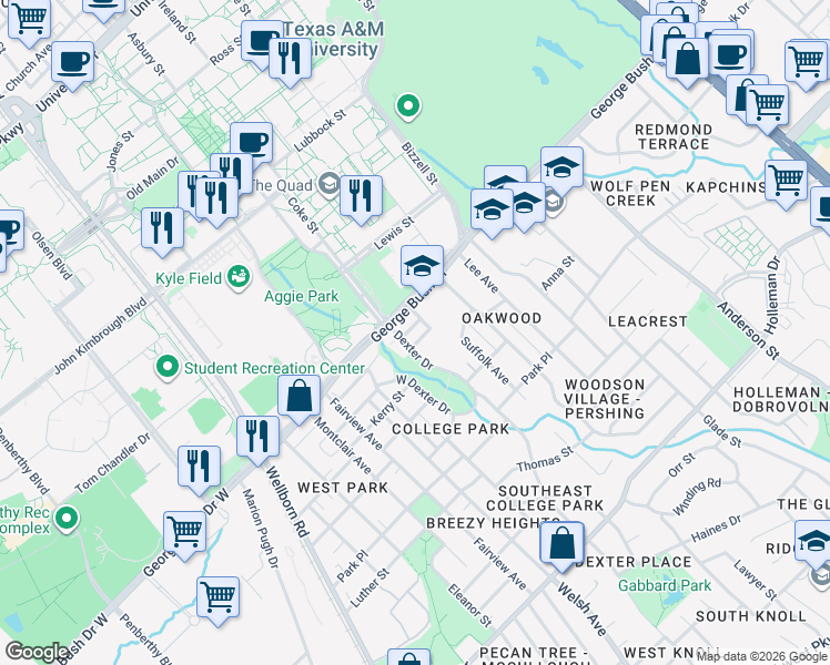 map of restaurants, bars, coffee shops, grocery stores, and more near 802 Aberdeen Place in College Station
