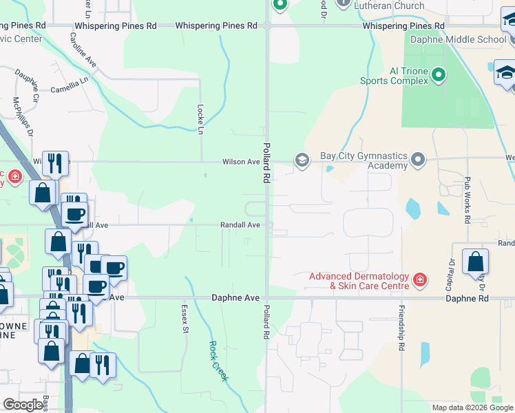 map of restaurants, bars, coffee shops, grocery stores, and more near 8044 Deerwood Drive in Daphne