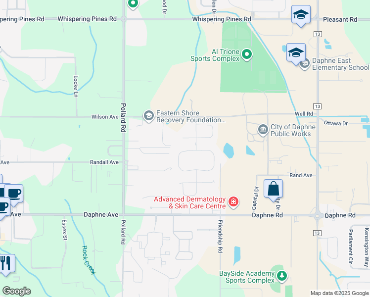 map of restaurants, bars, coffee shops, grocery stores, and more near 8174 Irwin Loop in Daphne
