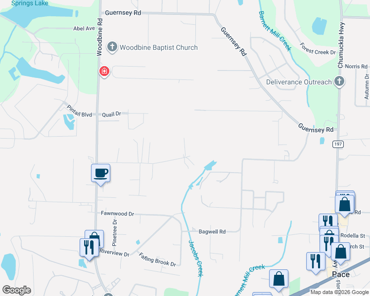 map of restaurants, bars, coffee shops, grocery stores, and more near 4740 Jenneva Drive in Pace
