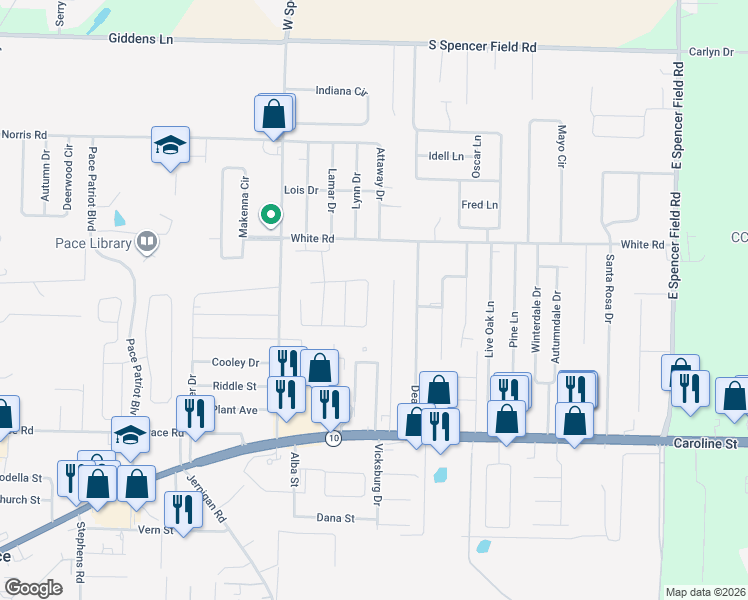 map of restaurants, bars, coffee shops, grocery stores, and more near 4729 Ridge Pointe Drive in Pace