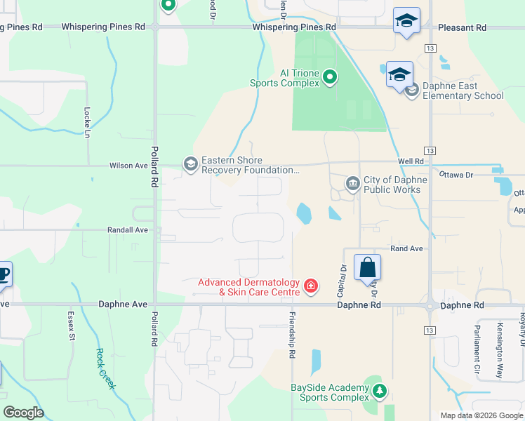 map of restaurants, bars, coffee shops, grocery stores, and more near 8184-8198 Well Road in Daphne