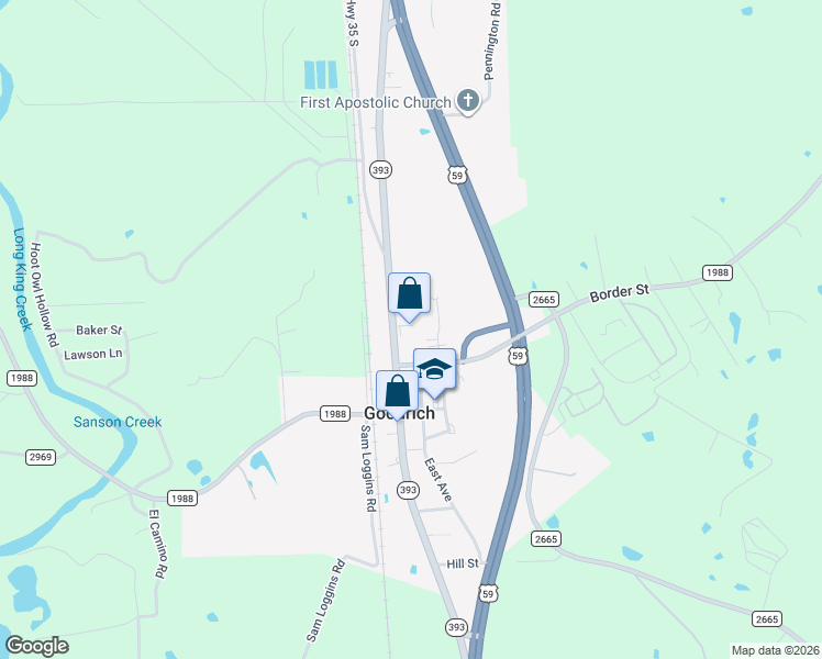 map of restaurants, bars, coffee shops, grocery stores, and more near 881 State Highway Loop 393 in Goodrich