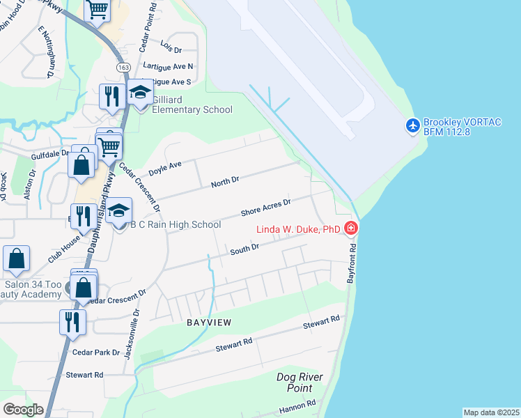 map of restaurants, bars, coffee shops, grocery stores, and more near 1200 Shore Acres Drive in Mobile