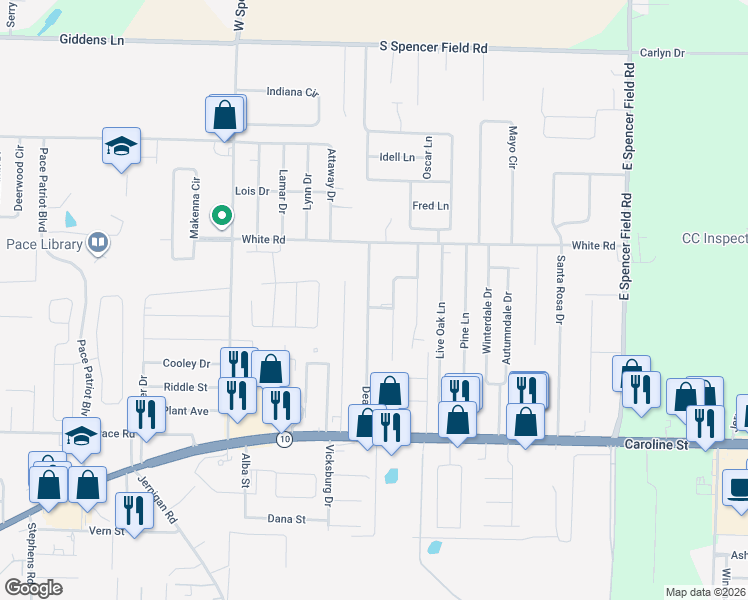 map of restaurants, bars, coffee shops, grocery stores, and more near 4724 Dean Drive in Pace