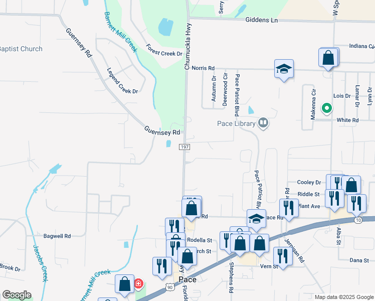 map of restaurants, bars, coffee shops, grocery stores, and more near 3920 Omega Street in Pace