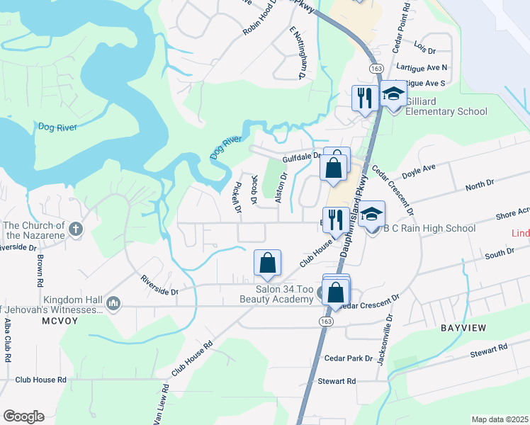 map of restaurants, bars, coffee shops, grocery stores, and more near 1809 Jacob Drive in Mobile