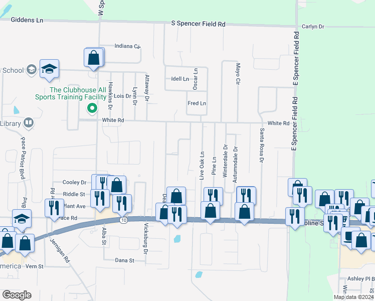 map of restaurants, bars, coffee shops, grocery stores, and more near 4745 Praline Lane in Pace