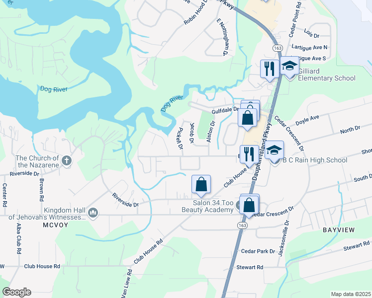 map of restaurants, bars, coffee shops, grocery stores, and more near 3055 Pickell Drive in Mobile