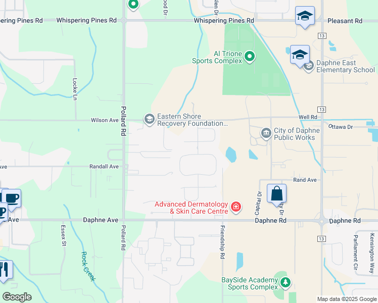 map of restaurants, bars, coffee shops, grocery stores, and more near 8174 Irwin Loop in Daphne
