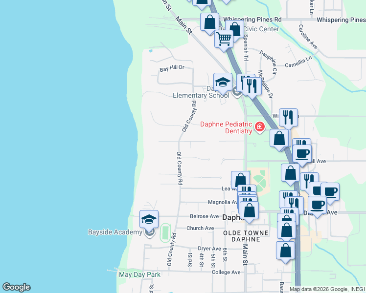 map of restaurants, bars, coffee shops, grocery stores, and more near 609 Oak Ridge Court West in Daphne