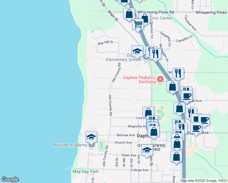 map of restaurants, bars, coffee shops, grocery stores, and more near 609 Oak Ridge Court West in Daphne