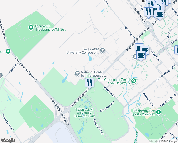 map of restaurants, bars, coffee shops, grocery stores, and more near 100 Discovery Drive in College Station