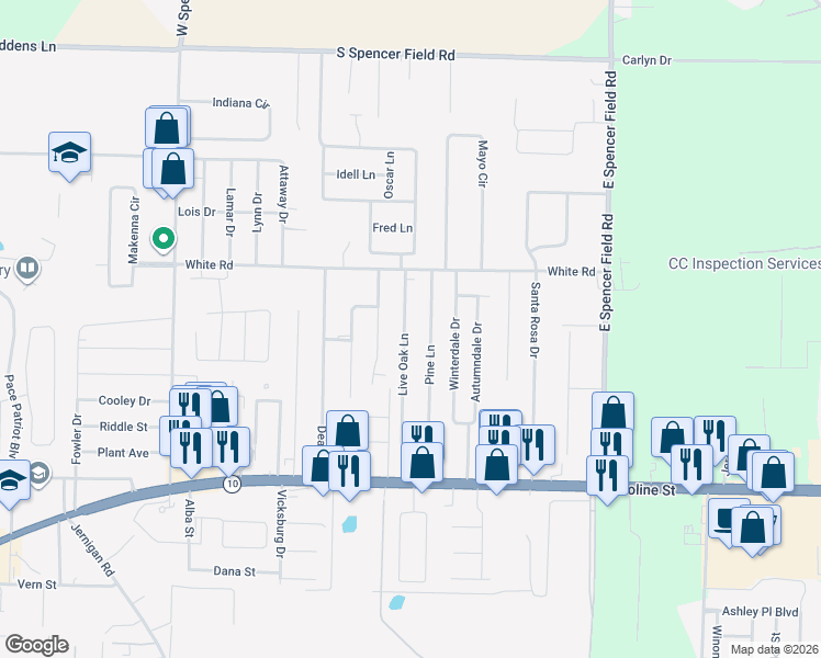 map of restaurants, bars, coffee shops, grocery stores, and more near 4730 Live Oak Lane in Pace