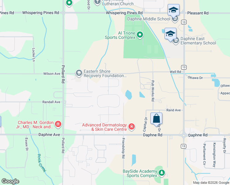 map of restaurants, bars, coffee shops, grocery stores, and more near 8184-8198 Well Road in Daphne