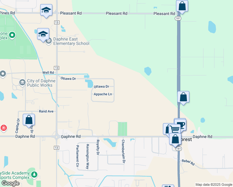 map of restaurants, bars, coffee shops, grocery stores, and more near 9399 Ottawa Drive in Daphne