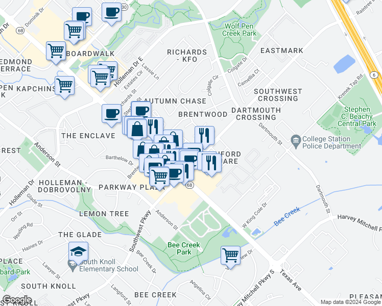 map of restaurants, bars, coffee shops, grocery stores, and more near 201 Southwest Parkway East in College Station