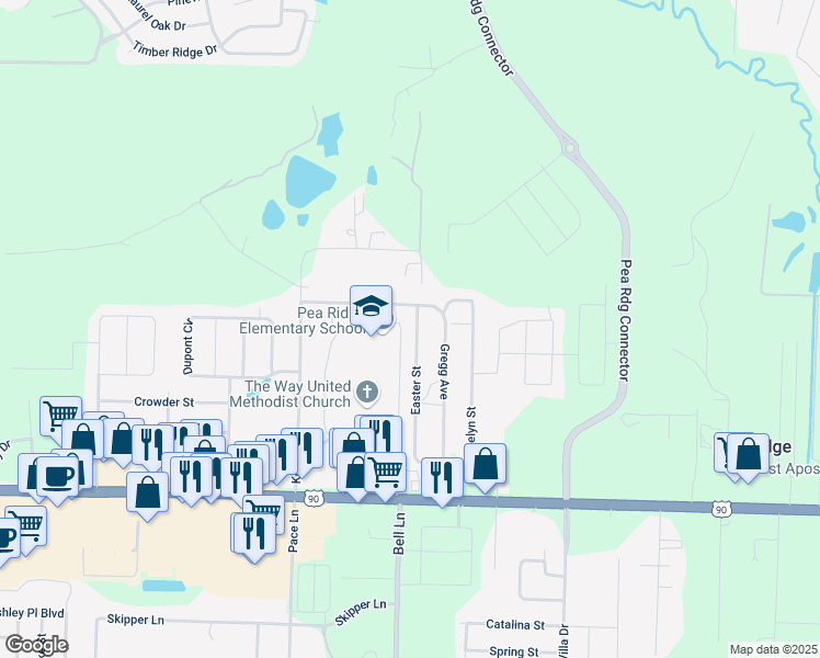 map of restaurants, bars, coffee shops, grocery stores, and more near 4755 Easter Street in Pace