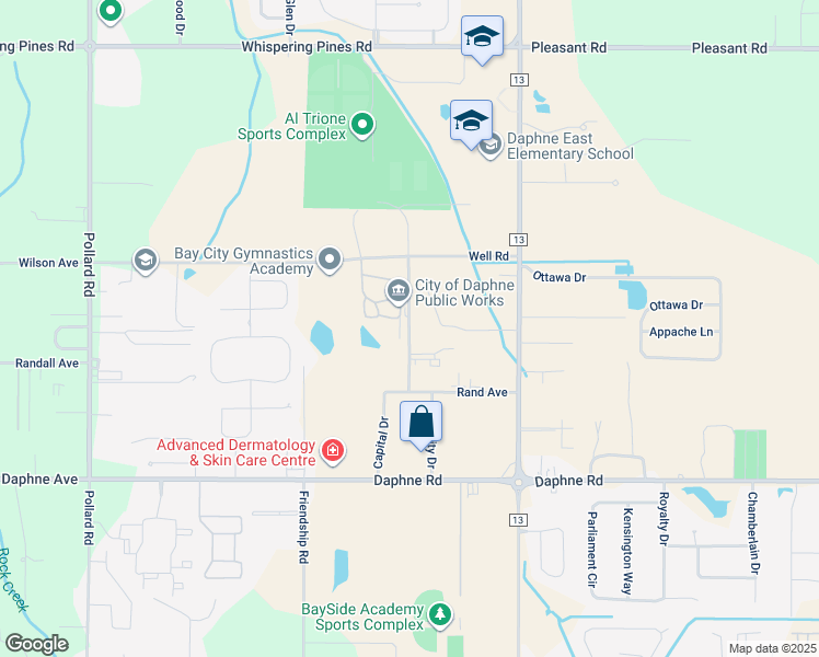 map of restaurants, bars, coffee shops, grocery stores, and more near Pub Works Road in Daphne