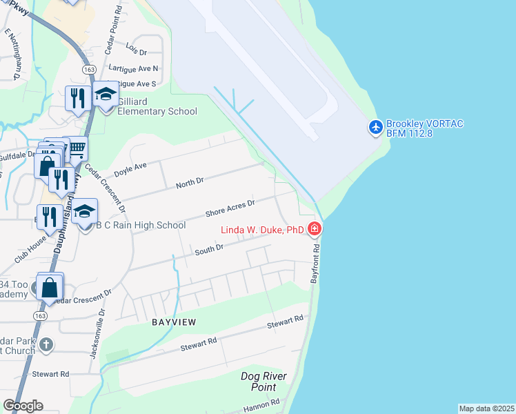 map of restaurants, bars, coffee shops, grocery stores, and more near 1113 Shore Acres Drive in Mobile
