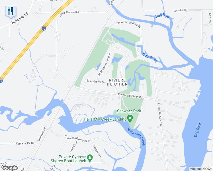 map of restaurants, bars, coffee shops, grocery stores, and more near 3813 Saint Andrews Drive in Mobile
