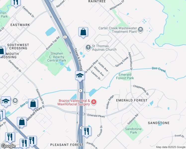 map of restaurants, bars, coffee shops, grocery stores, and more near 8410 Lauren Drive in College Station