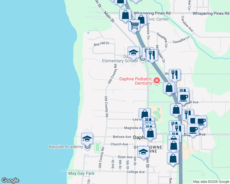 map of restaurants, bars, coffee shops, grocery stores, and more near 609 Oak Ridge Court West in Daphne
