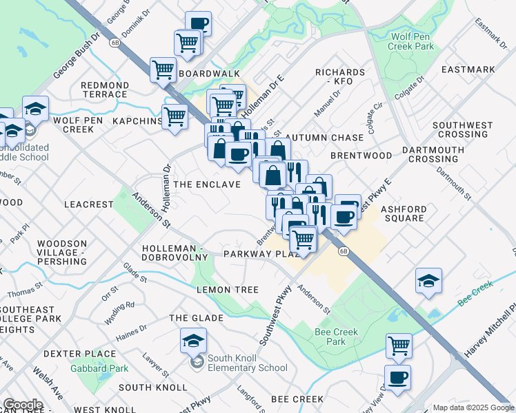 map of restaurants, bars, coffee shops, grocery stores, and more near 1301 Barthelow Drive in College Station
