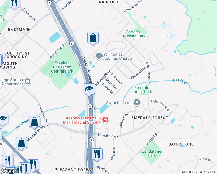 map of restaurants, bars, coffee shops, grocery stores, and more near 8410 Lauren Drive in College Station
