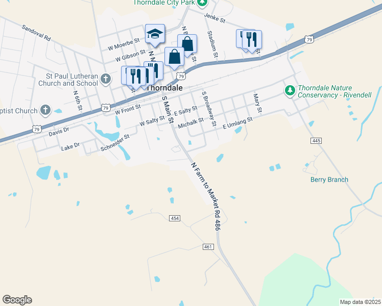map of restaurants, bars, coffee shops, grocery stores, and more near 104 Church Street in Thorndale