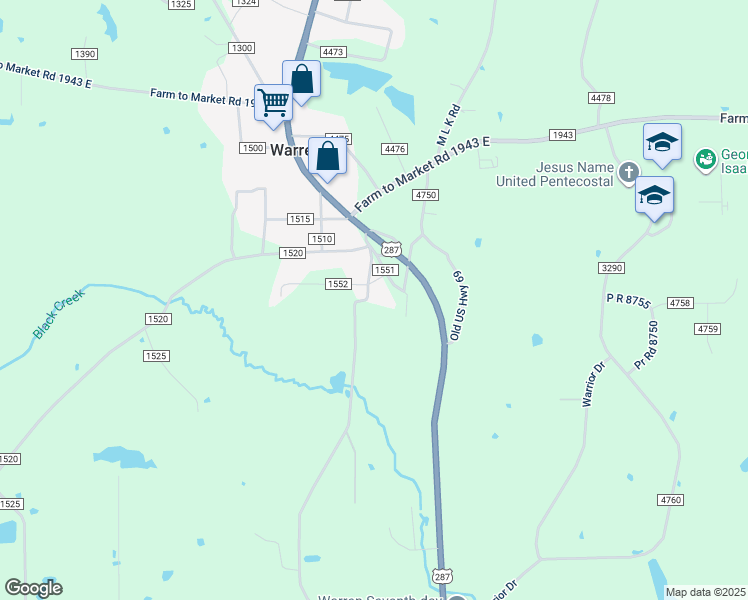 map of restaurants, bars, coffee shops, grocery stores, and more near 221 County Road 1550 in Warren