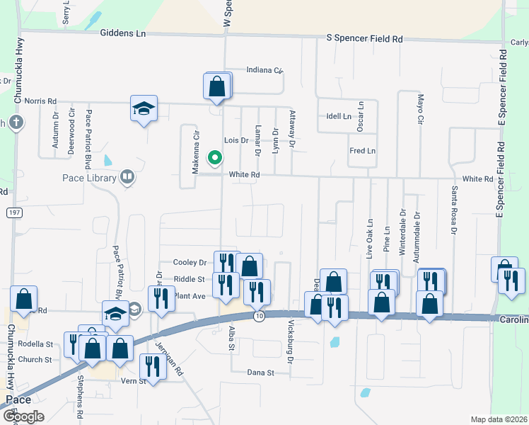 map of restaurants, bars, coffee shops, grocery stores, and more near 4723 Ridge Pointe Drive in Pace