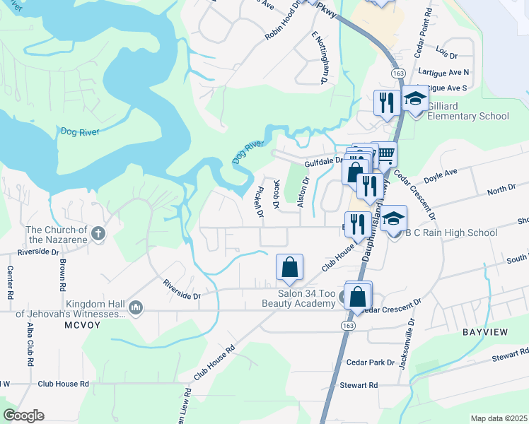 map of restaurants, bars, coffee shops, grocery stores, and more near 3055 Pickell Drive in Mobile