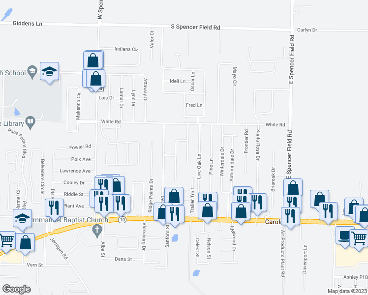 map of restaurants, bars, coffee shops, grocery stores, and more near 4755 Praline Lane in Pace