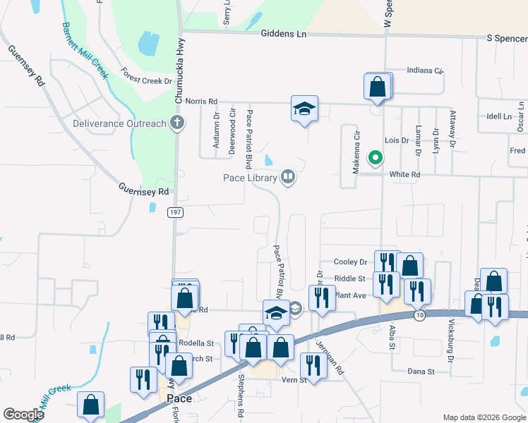 map of restaurants, bars, coffee shops, grocery stores, and more near 4800 Hilarita Circle in Pace