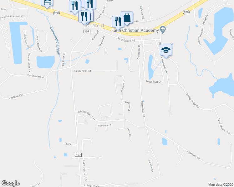 map of restaurants, bars, coffee shops, grocery stores, and more near 95629 Sonoma Drive in Fernandina Beach