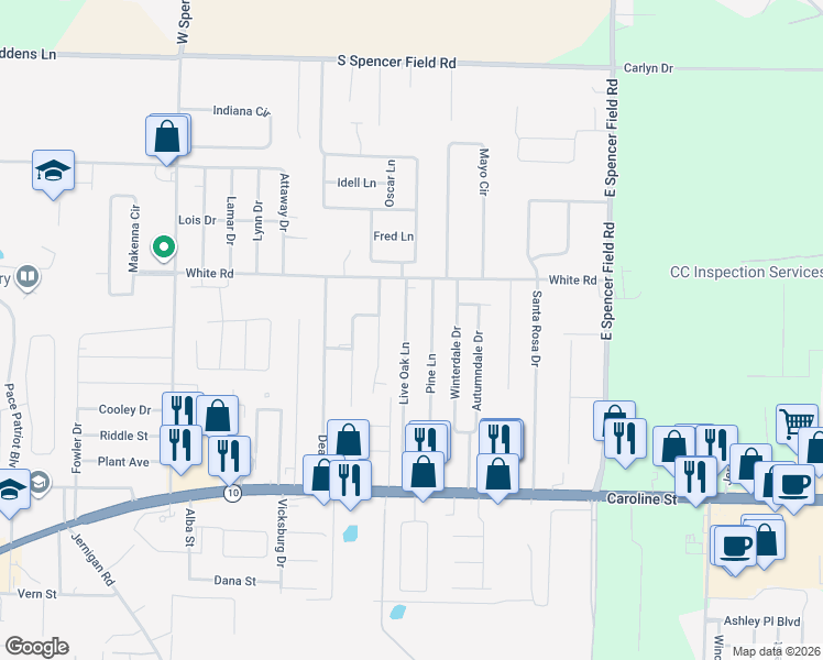 map of restaurants, bars, coffee shops, grocery stores, and more near 4730 Live Oak Lane in Pace
