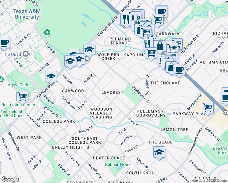 map of restaurants, bars, coffee shops, grocery stores, and more near 1308 Timm Drive in College Station