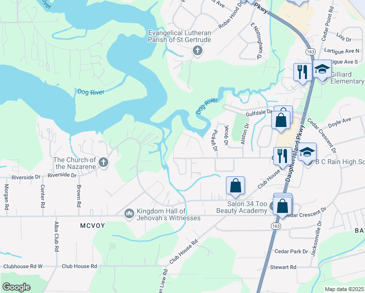 map of restaurants, bars, coffee shops, grocery stores, and more near 3012 McGough Court in Mobile