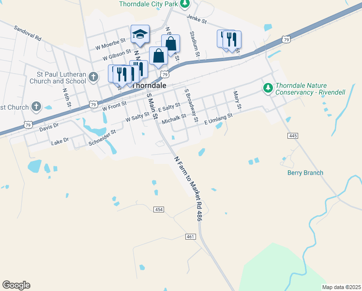 map of restaurants, bars, coffee shops, grocery stores, and more near 104 Church Street in Thorndale