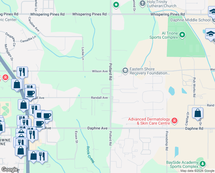 map of restaurants, bars, coffee shops, grocery stores, and more near 8044 Deerwood Drive in Daphne
