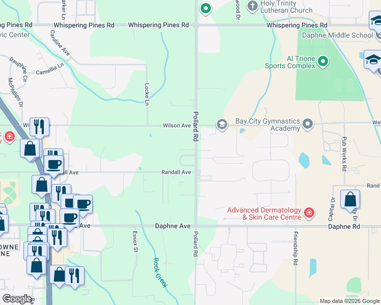 map of restaurants, bars, coffee shops, grocery stores, and more near 8044 Deerwood Drive in Daphne
