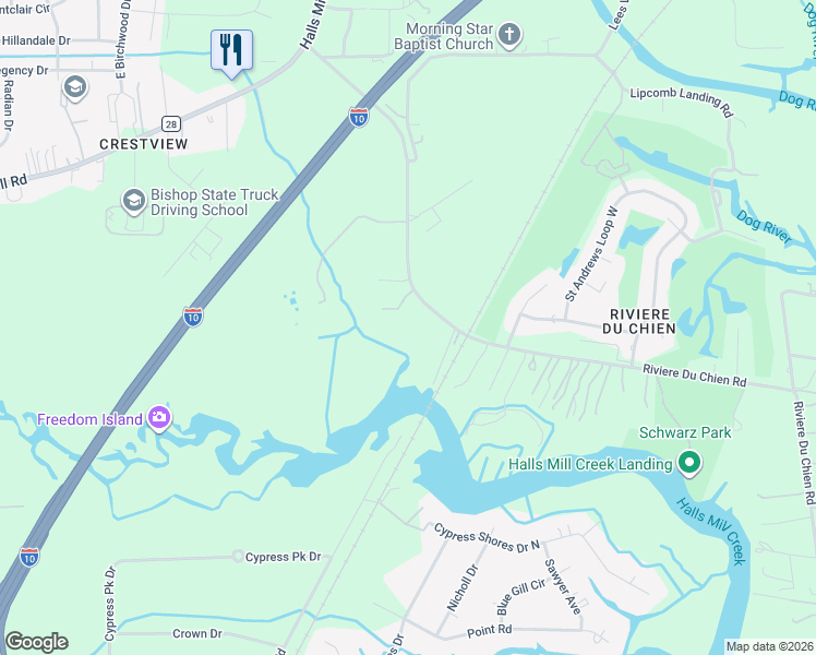 map of restaurants, bars, coffee shops, grocery stores, and more near 4031 Riviere Du Chien Rd in Mobile